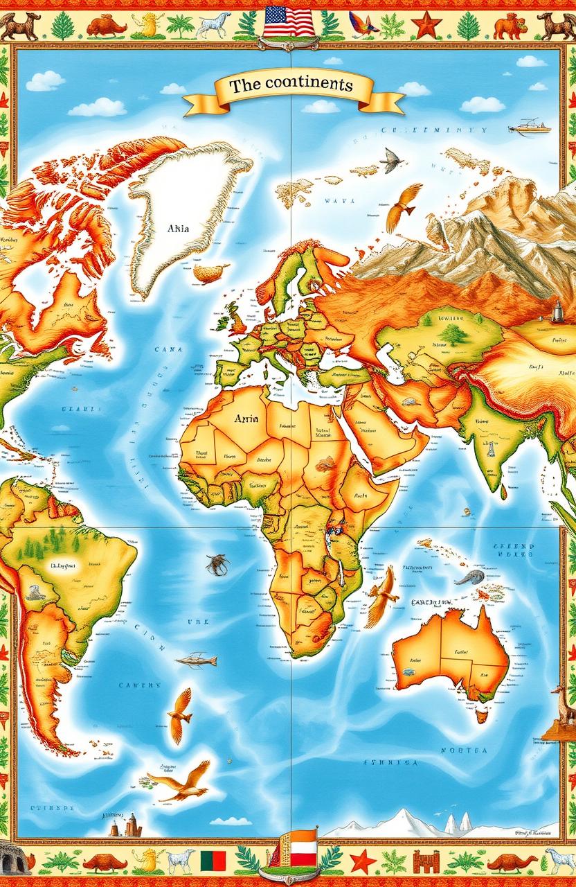A stunning and intricate world map showcasing all continents with detailed topographical features, vibrant colors, and geography of the regions represented