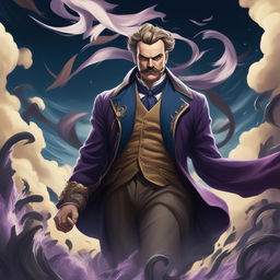 An epic, high-quality digital art image of Nietzsche's 'Ubermensch' in the style of Jojo's Bizarre Adventure, featuring a larger-than-life figure surrounded by dramatic elements such as swirling winds, flying debris, and a stormy sky