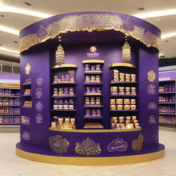 An elegantly adorned Cadbury chocolate stand at a supermarket with Ramadan-inspired motifs. The stand, showcasing shelves with delectable treats, is bathed in warm light, and features an Islamic-shaped design with Ramadan lanterns, creating a festive atmosphere.