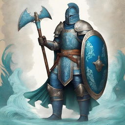 This is a top quality digital art piece illustrating a tall warrior dressed in blue plate mail