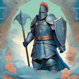 This is a top quality digital art piece illustrating a tall warrior dressed in blue plate mail