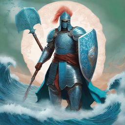 A high-quality digital art piece presents a tall warrior garbed in blue plate mail