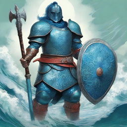 A high-quality digital art piece presents a tall warrior garbed in blue plate mail