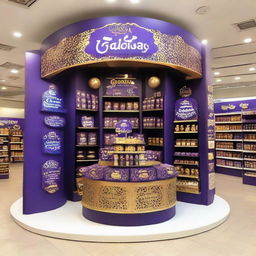 An elegantly adorned Cadbury chocolate stand at a supermarket with Ramadan-inspired motifs. The stand, showcasing shelves with delectable treats, is bathed in warm light, and features an Islamic-shaped design with Ramadan lanterns, creating a festive atmosphere.