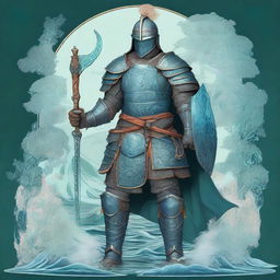 A high-quality digital art piece presents a tall warrior garbed in blue plate mail