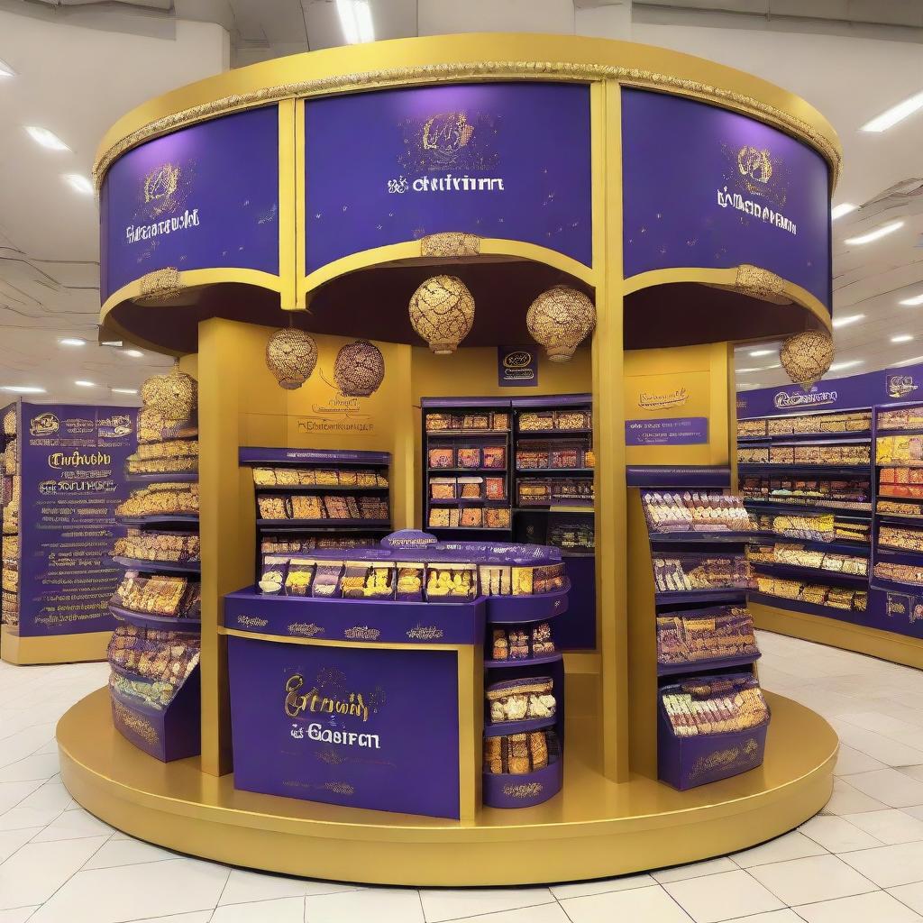 An elegantly adorned Cadbury chocolate stand at a supermarket with Ramadan-inspired motifs. The stand, showcasing shelves with delectable treats, is bathed in warm light, and features an Islamic-shaped design with Ramadan lanterns, creating a festive atmosphere.