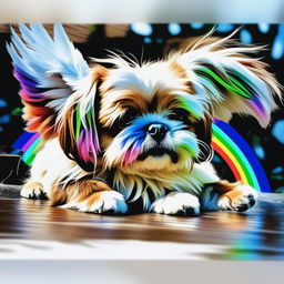 This is a reimagined digital art image of the Shih Tzu, now equipped with angel wings and running through a rainbow