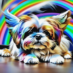 This is a reimagined digital art image of the Shih Tzu, now equipped with angel wings and running through a rainbow