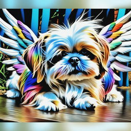 This is a reimagined digital art image of the Shih Tzu, now equipped with angel wings and running through a rainbow