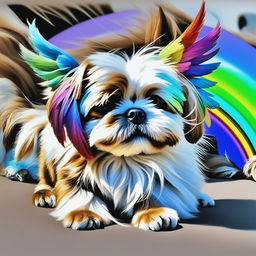 This is a reimagined digital art image of the Shih Tzu, now equipped with angel wings and running through a rainbow