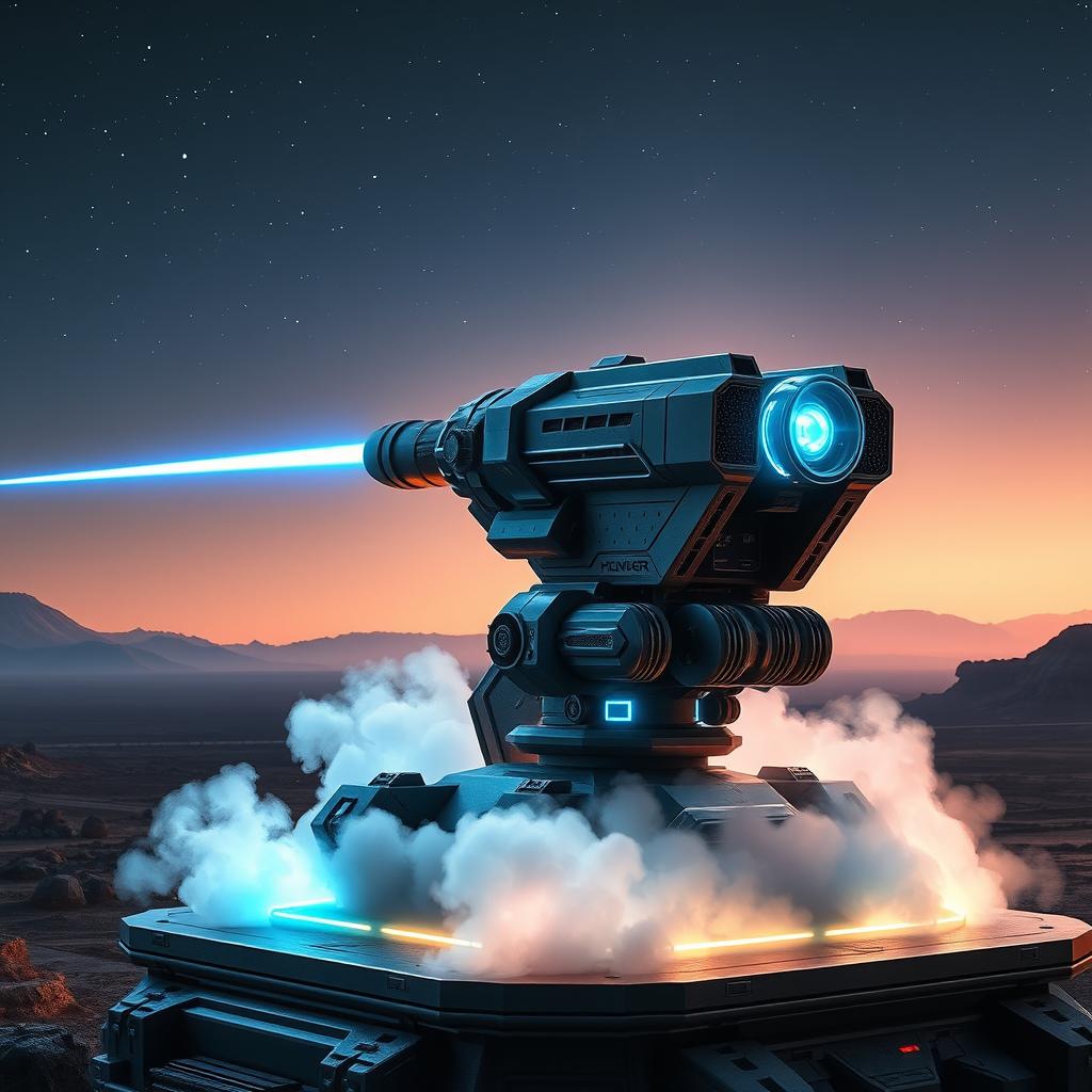 A futuristic laser cannon, sleek and metallic in design, emitting a vibrant blue beam of energy