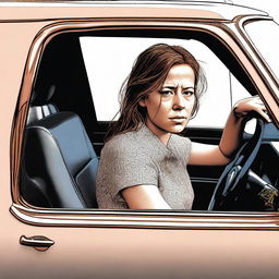 An image of a woman who seems to have consumed too much alcohol, sitting in the driver's seat of a car