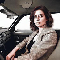 An image of a woman who seems to have consumed too much alcohol, sitting in the driver's seat of a car