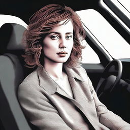 An image of a woman who seems to have consumed too much alcohol, sitting in the driver's seat of a car