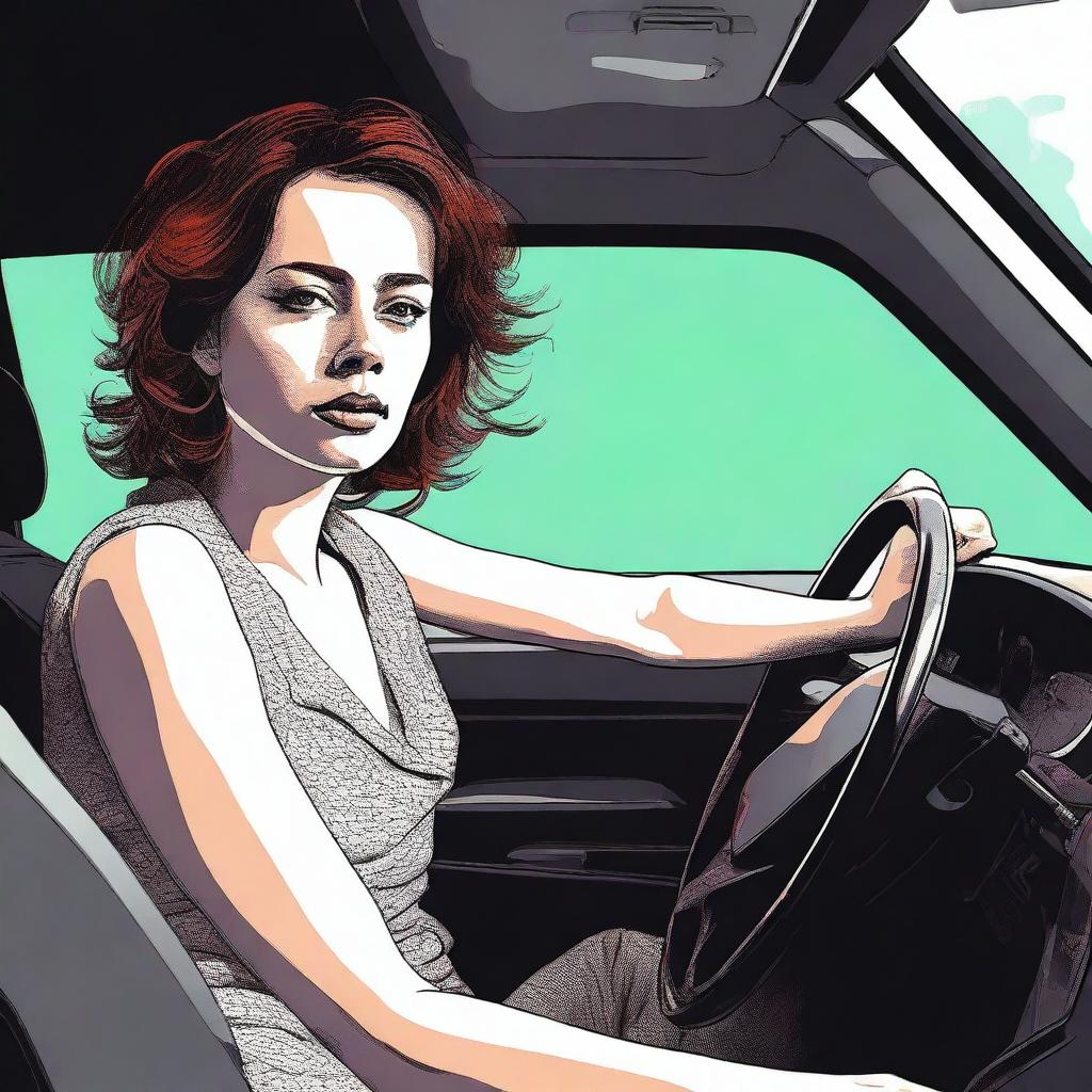 An image of a woman who seems to have consumed too much alcohol, sitting in the driver's seat of a car