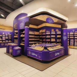 An elegantly adorned Cadbury chocolate stand at a supermarket with Ramadan-inspired motifs. The stand, showcasing shelves with delectable treats, is bathed in warm light, and features an Islamic-shaped design with Ramadan lanterns, creating a festive atmosphere.