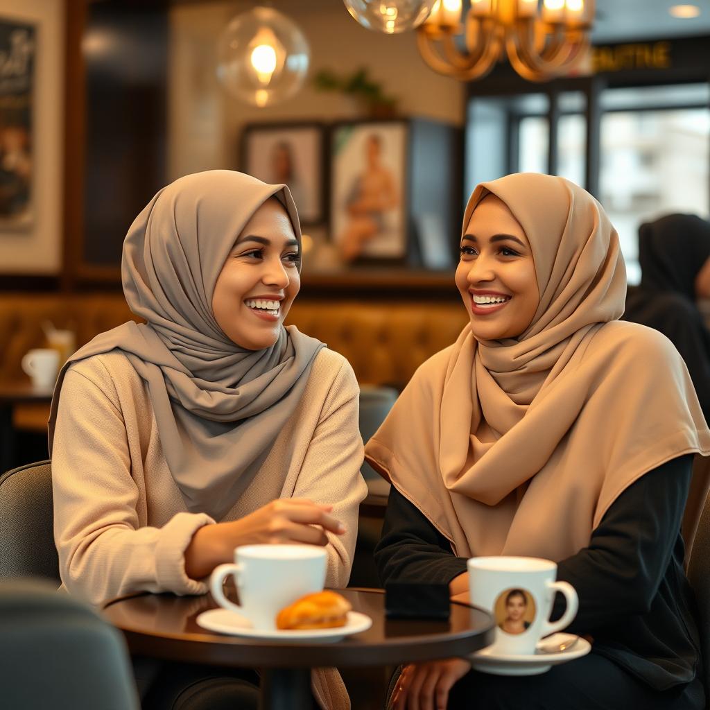 Two beautiful women wearing hijabs are sitting together in a cozy cafe, both with bright smiles on their faces, radiating joy and positivity
