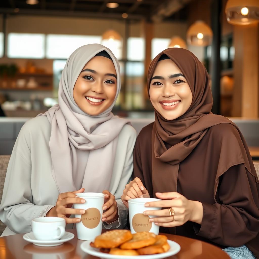 Two young, beautiful Indonesian women, both around 25 years old, are sitting together in a cozy cafe, wearing stylish hijabs