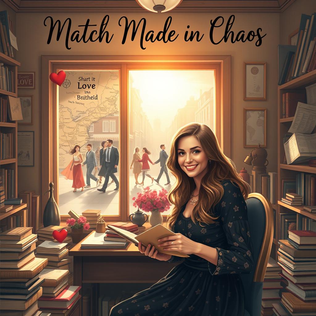A romantic and whimsical scene depicting a matchmaker in an elegant, vintage-inspired office filled with books and love letters