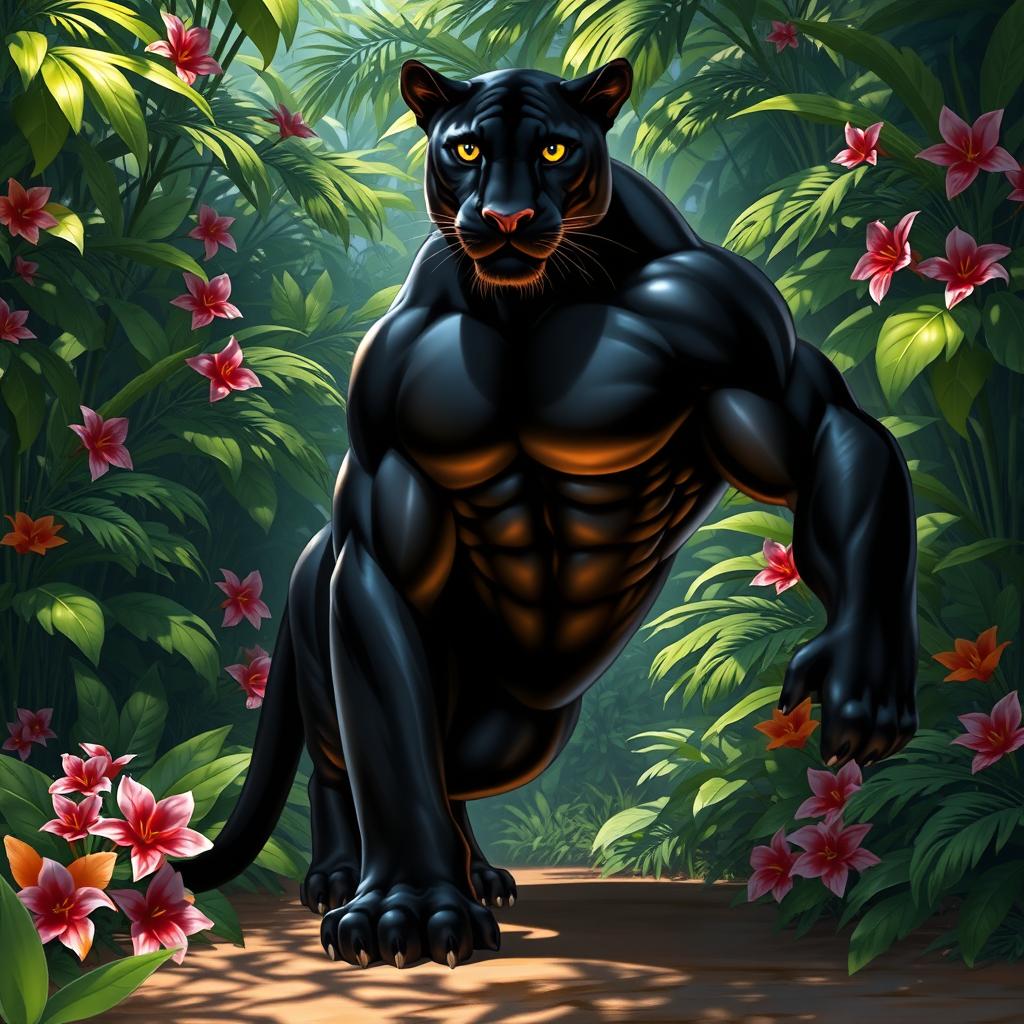 A muscular panther, depicted with a powerful physique and a glossy black coat, standing majestically in a lush jungle setting