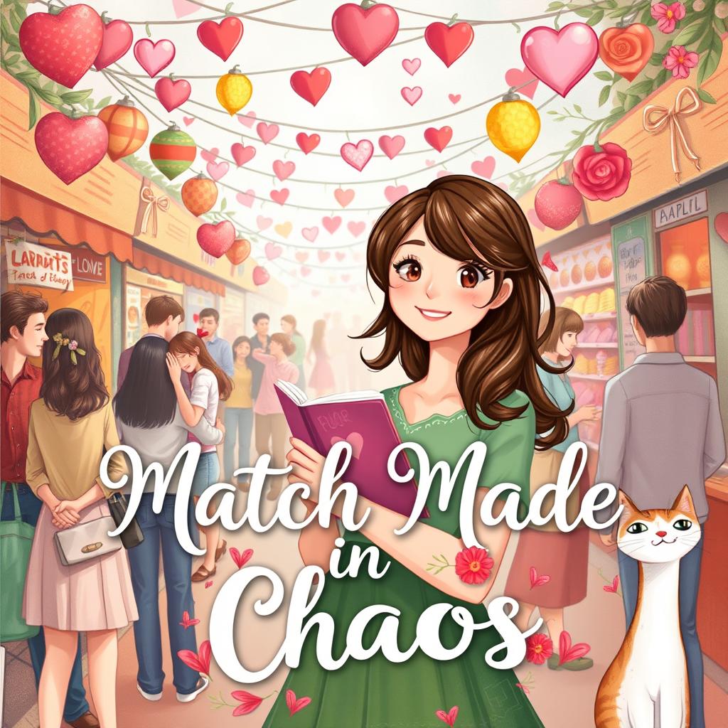 A romantic and whimsical Wattpad story cover featuring a female matchmaker with an enchanting smile, holding a notebook filled with heart symbols and matchmaking notes, standing in a chaotic, colorful market filled with mismatched couples and vibrant stalls