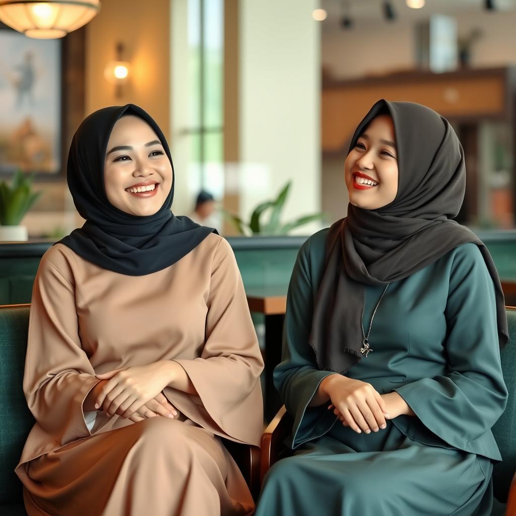 Two young, beautiful Indonesian women, both around 25 years old, are sitting together in a cozy cafe, wearing fashionable and elegant Muslim dresses (dress muslimah)