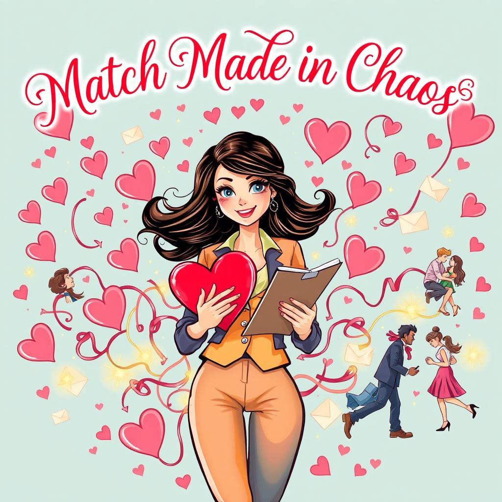 A romantic book cover illustration featuring a charismatic matchmaker surrounded by a whirlwind of vibrant, chaotic love symbols such as hearts, sparkles, and tangled love letters