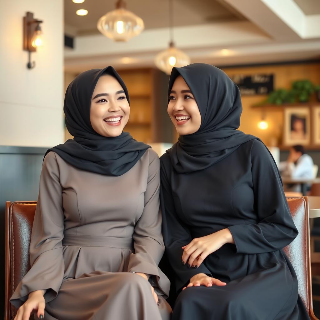 Two young, beautiful Indonesian women, both around 25 years old, are sitting together in a stylish cafe