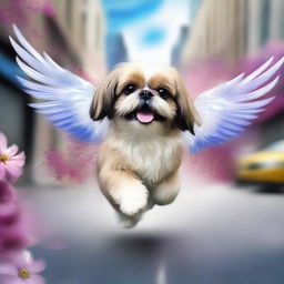 This is a vibrant digital art image portraying a Shih Tzu with angel wings running along a street lined with flowers