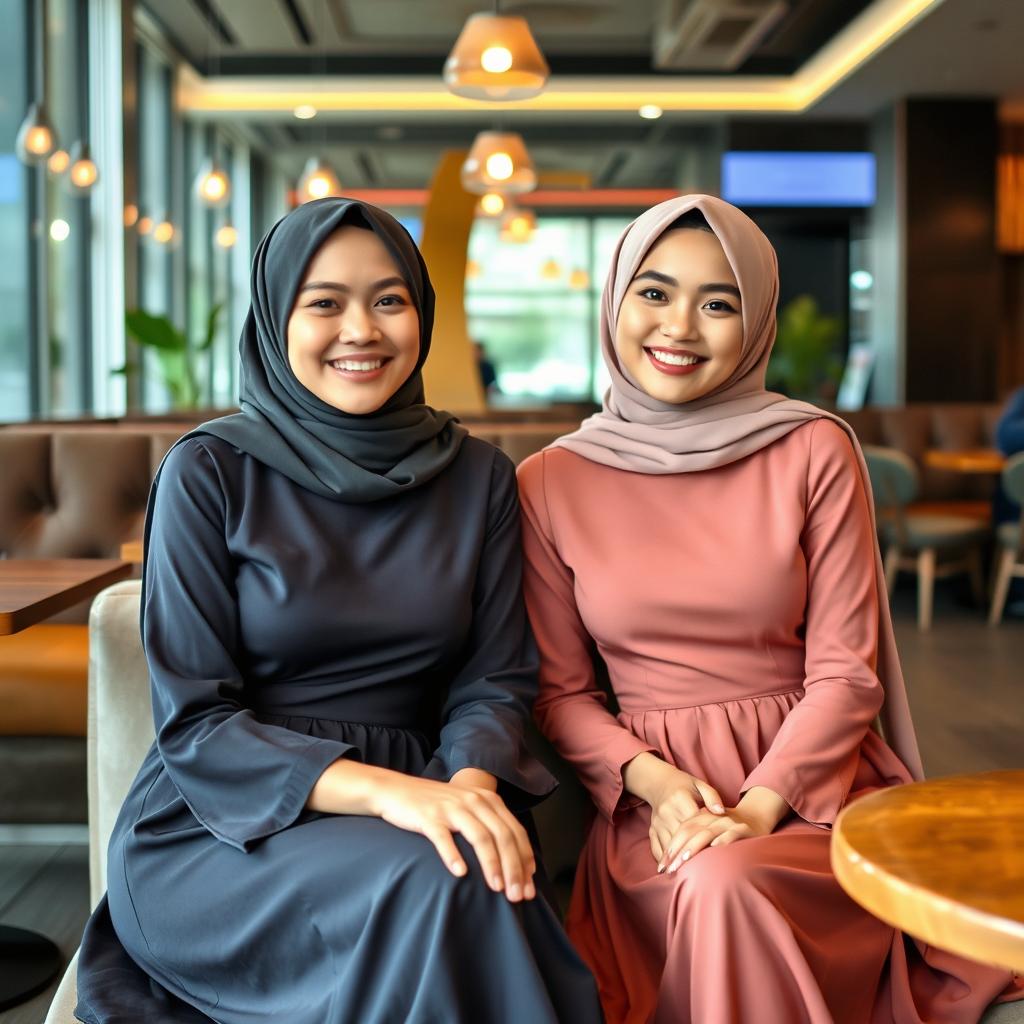 Two young, beautiful Indonesian women, both around 25 years old, are sitting together in a trendy cafe