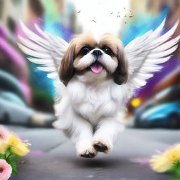 This is a vibrant digital art image portraying a Shih Tzu with angel wings running along a street lined with flowers