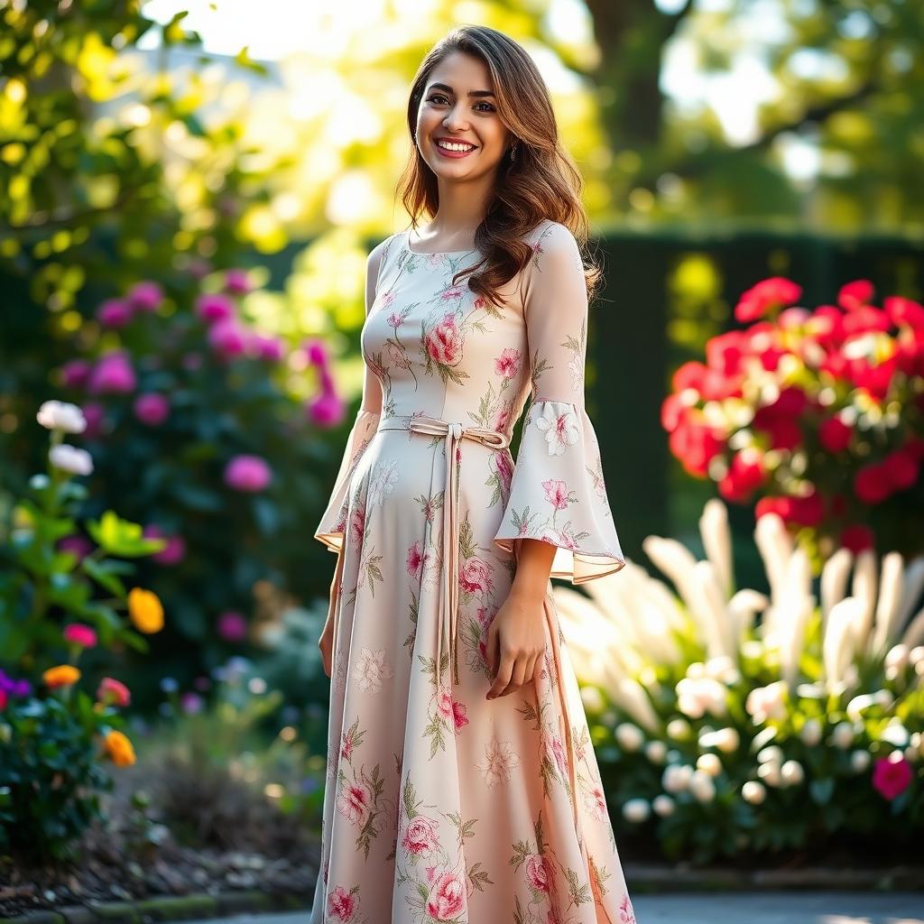 A young woman wearing a stylish dress that reaches down to her ankles