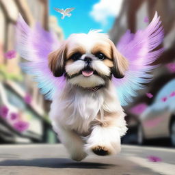 This is a vibrant digital art image portraying a Shih Tzu with angel wings running along a street lined with flowers