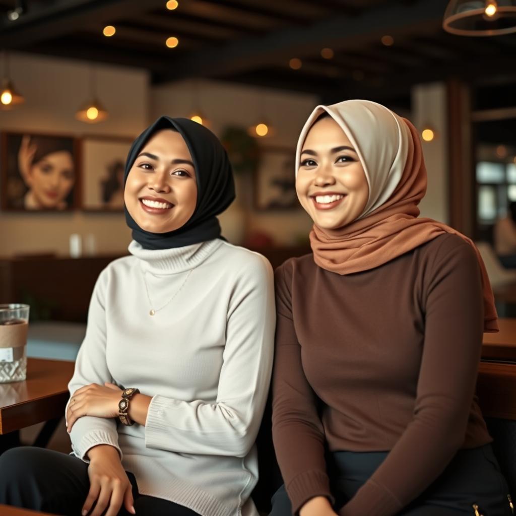 Two young, beautiful Indonesian women, both around 25 years old, are seated together in a stylish cafe