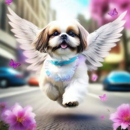 This is a vibrant digital art image portraying a Shih Tzu with angel wings running along a street lined with flowers