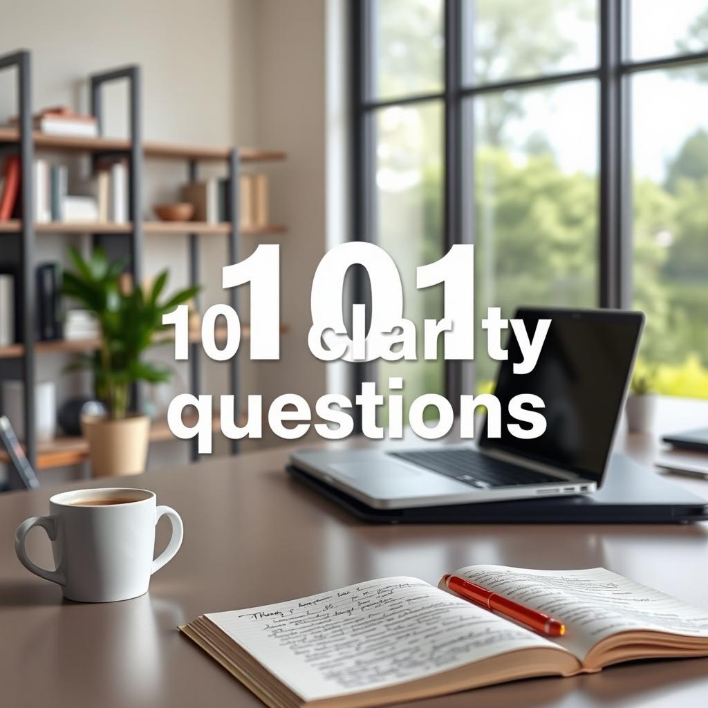 A visually appealing layout showcasing '101 clarity questions' against a backdrop of a peaceful and inspiring office environment