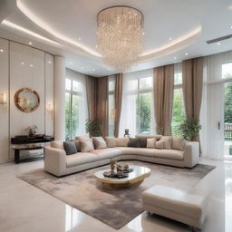 Impressive interior of a 6-bedroom house, lavishly furnished with contemporary designs, a state-of-the-art kitchen, plush living areas, and elegant decoration.