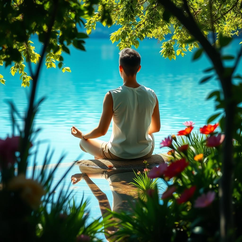 A serene scene featuring a person engaged in self-reflection, sitting by the edge of a tranquil lake with crystal-clear water