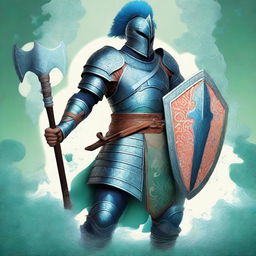 A top-quality digital art piece features a tall warrior clad in blue plate mail