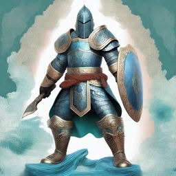 A top-quality digital art piece features a tall warrior clad in blue plate mail