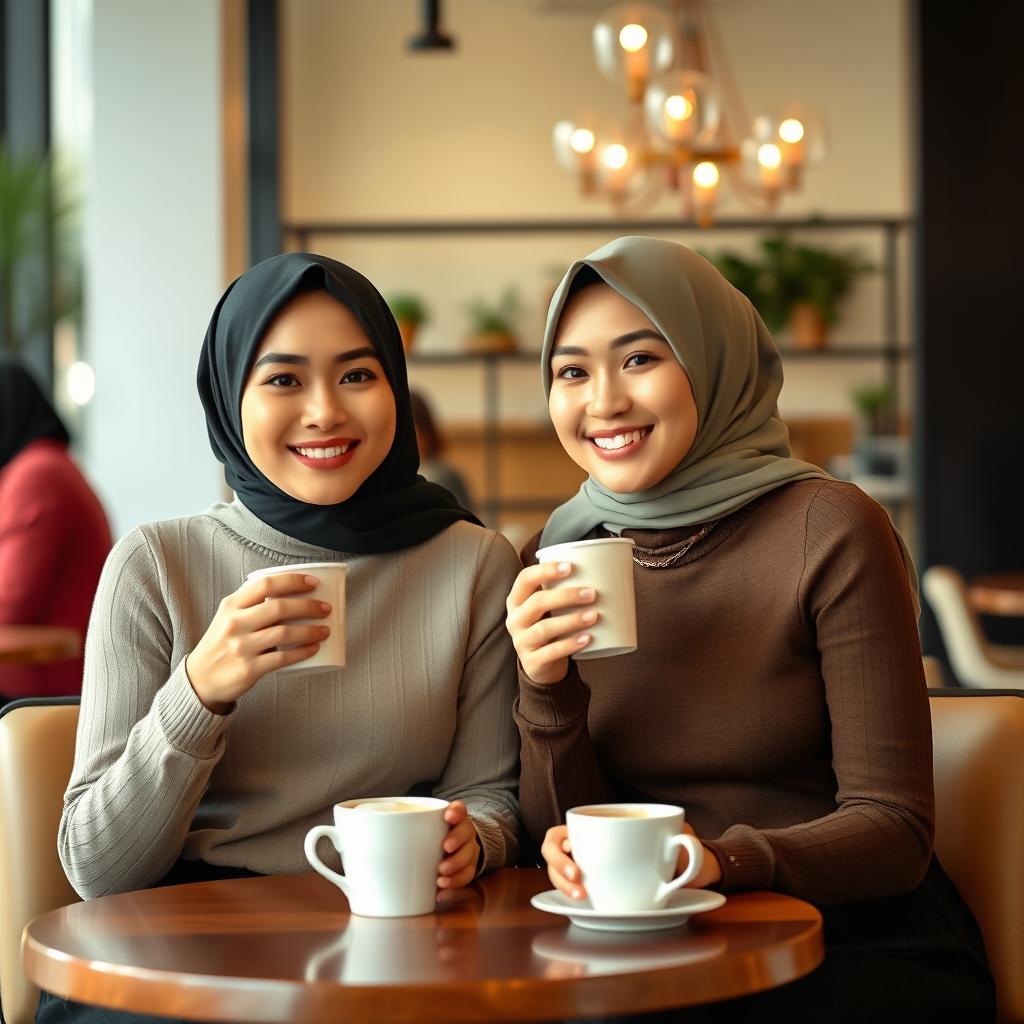 Two elegant, young, and beautiful Indonesian women, both 25 years old, are sitting together in a trendy café, enjoying coffee