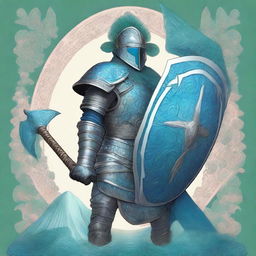 A top-quality digital art piece features a tall warrior clad in blue plate mail