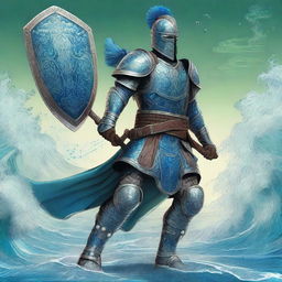 A top-quality digital art piece features a tall warrior clad in blue plate mail