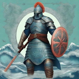 This is an exquisite digital art piece that depicts a tall warrior in blue plate mail