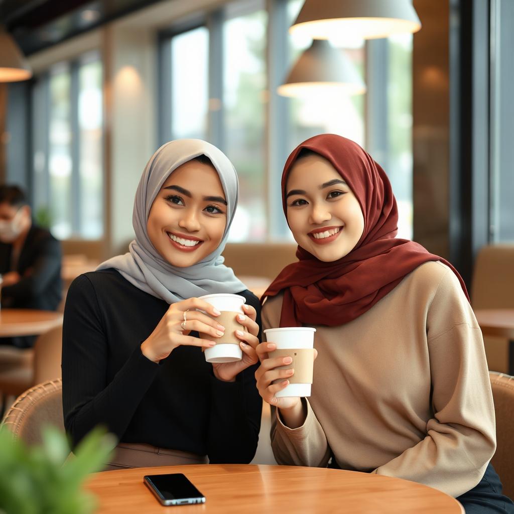 Two elegant young Indonesian women, both 25 years old, are sitting together in a chic cafe, enjoying coffee