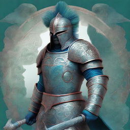 This is an exquisite digital art piece that depicts a tall warrior in blue plate mail