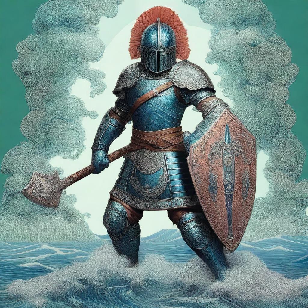 This is an exquisite digital art piece that depicts a tall warrior in blue plate mail