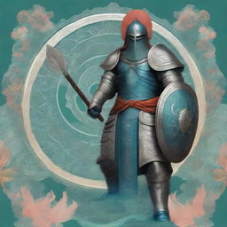 This is an exquisite digital art piece that depicts a tall warrior in blue plate mail