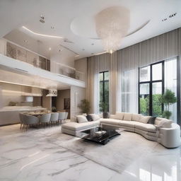 Impressive interior of a 6-bedroom house, lavishly furnished with contemporary designs, a state-of-the-art kitchen, plush living areas, and elegant decoration.