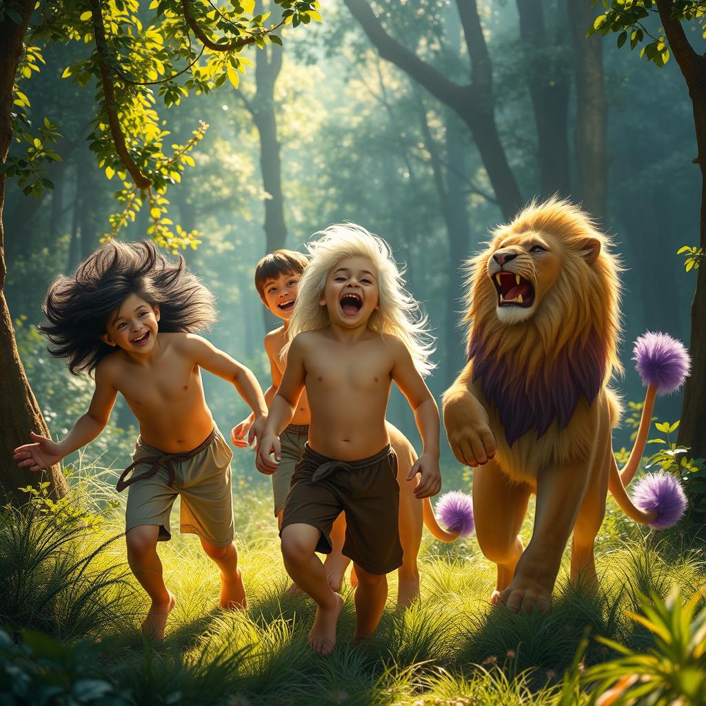 Five brothers are in a vibrant forest, engaged in joyful play